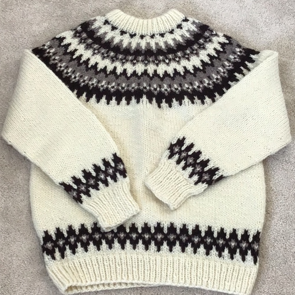 Vintage Knit Fair Isle Fisherman Sweater Beige Brown 1970s 1980s Size Medium